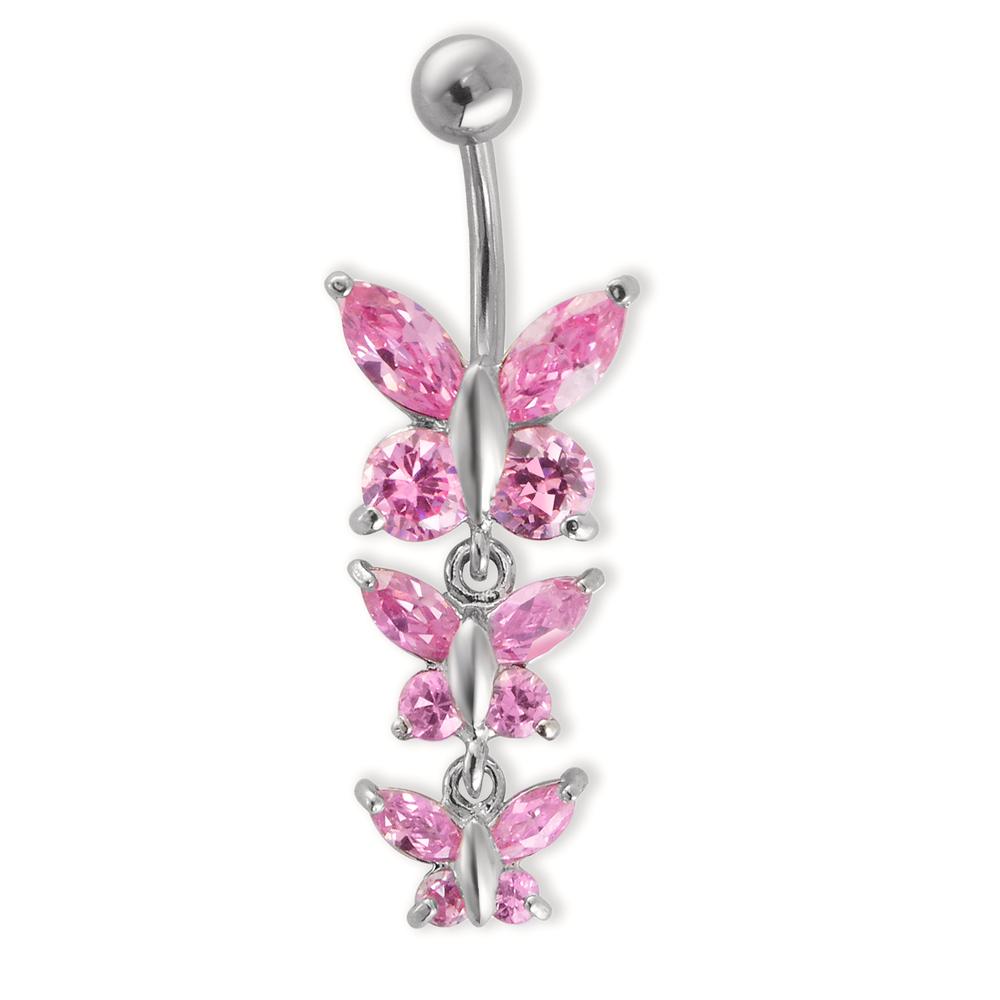 Navel piercing rostfritt stål Zirkoniumoxid rosa, 12 stenar fjäril