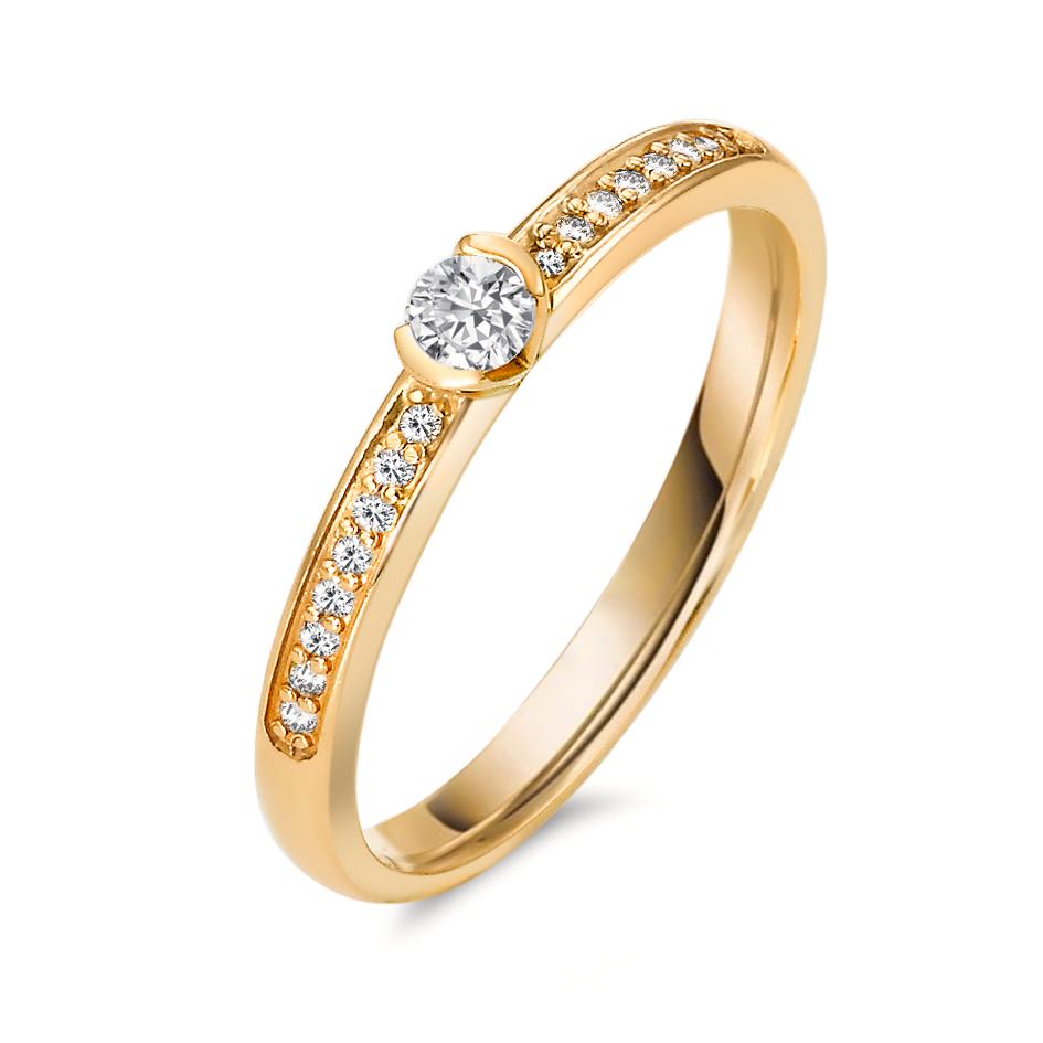 Solitärring 750/18 K gult guld diamant 0.20 ct, 17 stenar, w-si