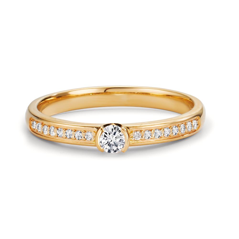 Solitärring 750/18 K gult guld diamant 0.20 ct, 17 stenar, w-si