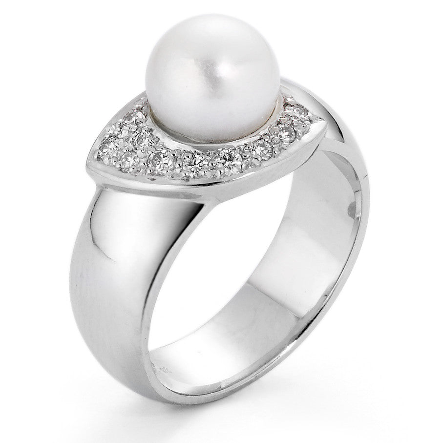Finger ring 750/18 K vitguld diamant 0.15 ct, 10 stenar, w-si Sötvattensodlad pärla vit, 8 mm