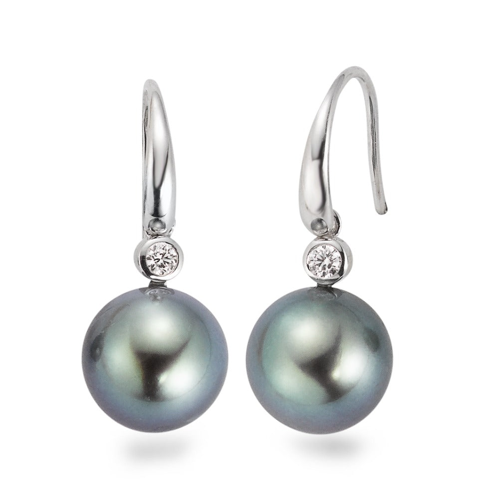 Örhängen 750/18 K vitguld diamant 0.09 ct, 2 stenar, w-si Tahitisk pärla grå, 2 Pärlor, 10 mm