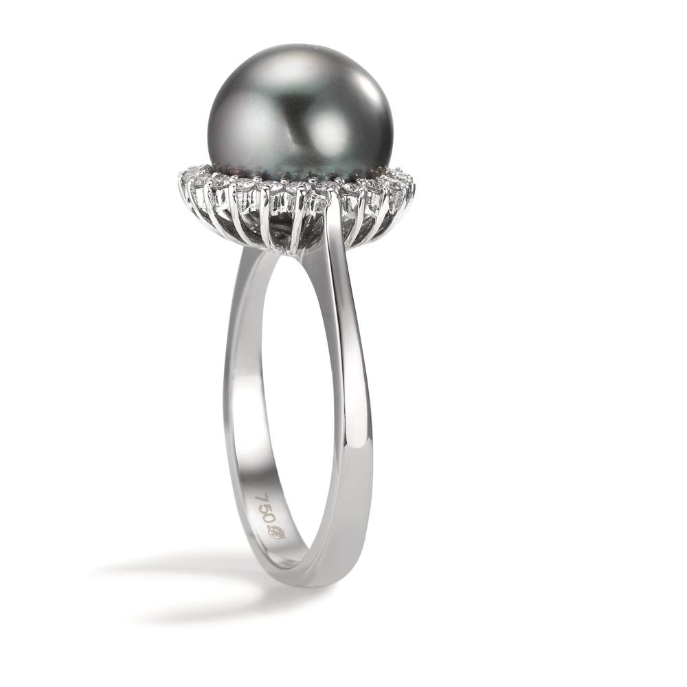 Finger ring 750/18 K vitguld diamant 0.27 ct, 22 stenar, w-si Tahitisk pärla grå, 10 mm