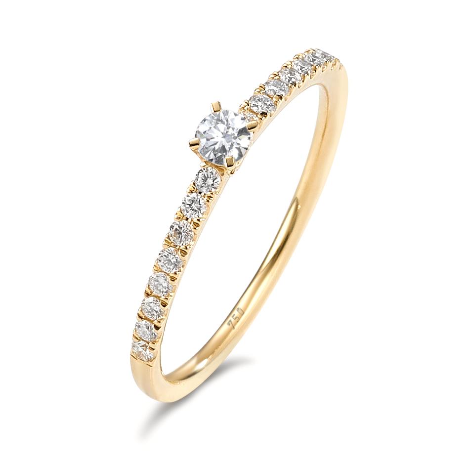 Solitärring 750/18 K gult guld diamant 0.25 ct, 17 stenar, w-si