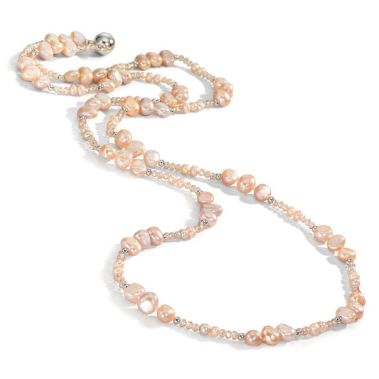 Collier rostfritt stål kristall rosa Sötvattensodlad pärla rosa 90 cm