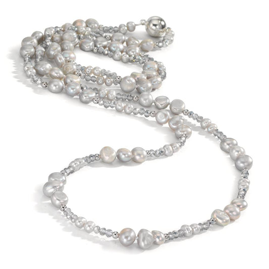 Collier rostfritt stål kristall grå Sötvattensodlad pärla grå 90 cm