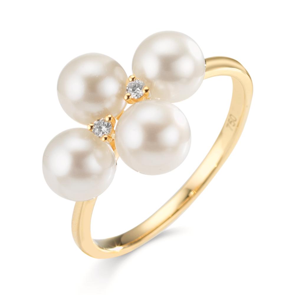 Finger ring 750/18 K gult guld diamant 0.30 ct, 2 stenar, w-si Sötvattensodlad pärla, 4 Pärlor 5.5-6 mm