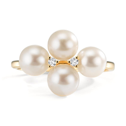 Finger ring 750/18 K gult guld diamant 0.30 ct, 2 stenar, w-si Sötvattensodlad pärla, 4 Pärlor 5.5-6 mm