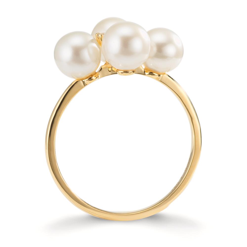 Finger ring 750/18 K gult guld diamant 0.30 ct, 2 stenar, w-si Sötvattensodlad pärla, 4 Pärlor 5.5-6 mm