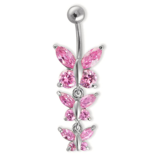 Navel piercing rostfritt stål Zirkoniumoxid rosa, 12 stenar fjäril