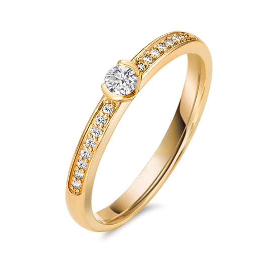 Solitärring 750/18 K gult guld diamant 0.20 ct, 17 stenar, w-si