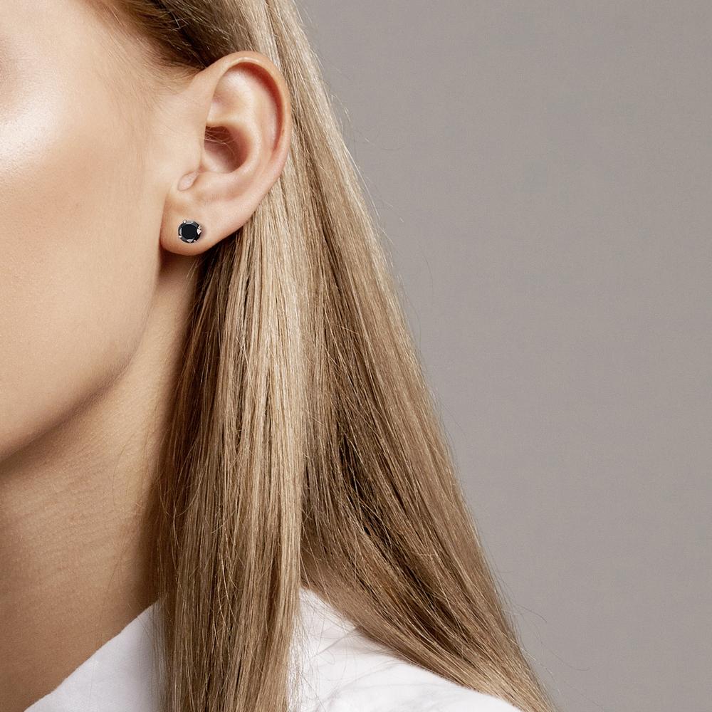 Örhängen med knoppar Silver Zirkoniumoxid svart, 2 stenar, [rund], 7 mm rodiumpläterad