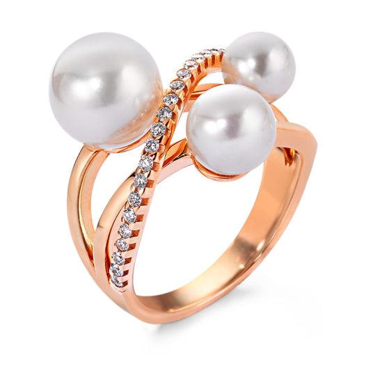 Finger ring 750/18 K rött guld diamant 0.18 ct, 27 stenar, w-si Sötvattensodlad pärla vit, 3 Pärlor 5.5-9 mm