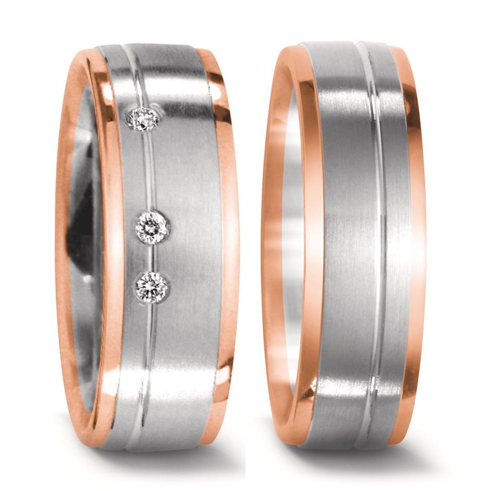 Partnerring 750/18 K vitguld, 750/18 K rött guld diamant 0.06 ct, 3 stenar, w-si