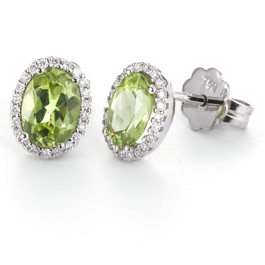 Örhängen med knoppar 750/18 K vitguld Peridot grön, 2 stenar, [oval], diamant vit, 0.18 ct, 44 stenar, tw-vsi