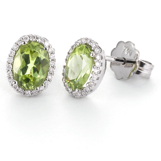 Örhängen med knoppar 750/18 K vitguld Peridot grön, 2 stenar, [oval], diamant vit, 0.18 ct, 44 stenar, tw-vsi