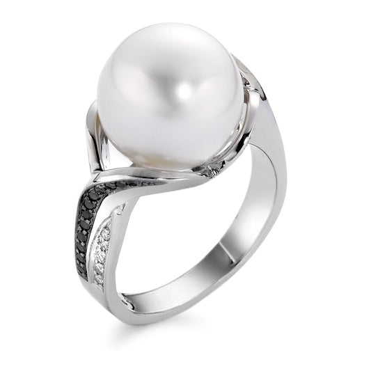 Finger ring 750/18 K vitguld diamant svart, 0.24 ct, 44 stenar, [Brillant], tw-vsi Sötvattensodlad pärla vit, 12 mm