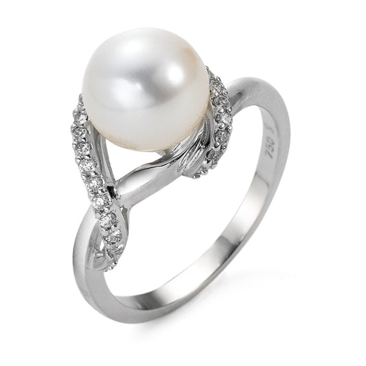 Finger ring 750/18 K vitguld diamant 0.20 ct, 23 stenar, w-si Sötvattensodlad pärla vit, 9 mm