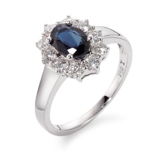 Finger ring 750/18 K vitguld safir blå, 0.88 ct, diamant 0.555 ct, 10 stenar, w-si