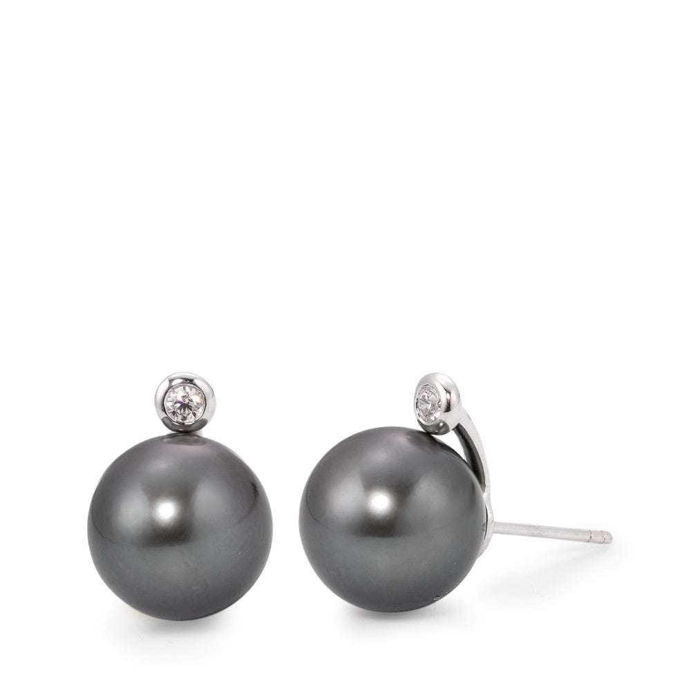 Örhängen med knoppar 750/18 K vitguld diamant 0.09 ct, 2 stenar, w-si Tahitisk pärla grå, 2 Pärlor, 12 mm