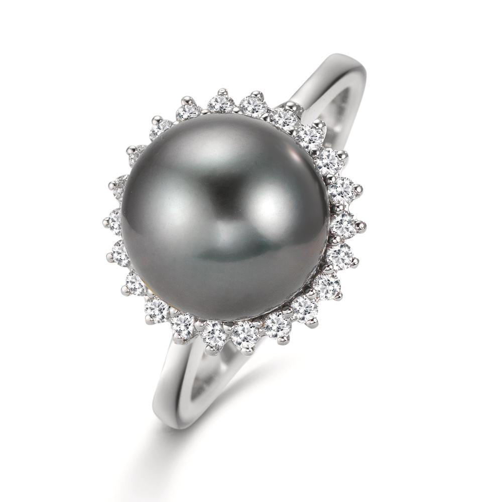 Finger ring 750/18 K vitguld diamant 0.27 ct, 22 stenar, w-si Tahitisk pärla grå, 10 mm