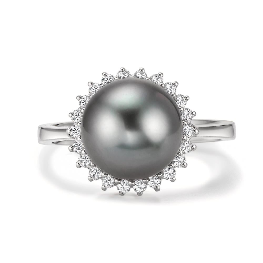 Finger ring 750/18 K vitguld diamant 0.27 ct, 22 stenar, w-si Tahitisk pärla grå, 10 mm