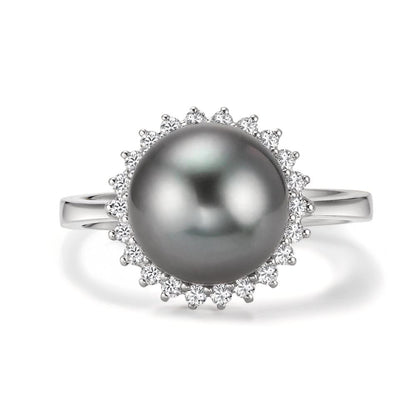 Finger ring 750/18 K vitguld diamant 0.27 ct, 22 stenar, w-si Tahitisk pärla grå, 10 mm