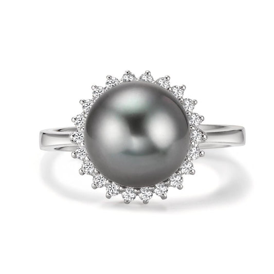 Finger ring 750/18 K vitguld diamant 0.27 ct, 22 stenar, w-si Tahitisk pärla grå, 10 mm