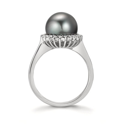 Finger ring 750/18 K vitguld diamant 0.27 ct, 22 stenar, w-si Tahitisk pärla grå, 10 mm