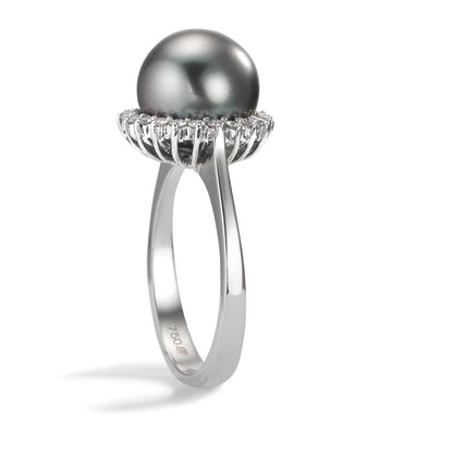 Finger ring 750/18 K vitguld diamant 0.27 ct, 22 stenar, w-si Tahitisk pärla grå, 10 mm