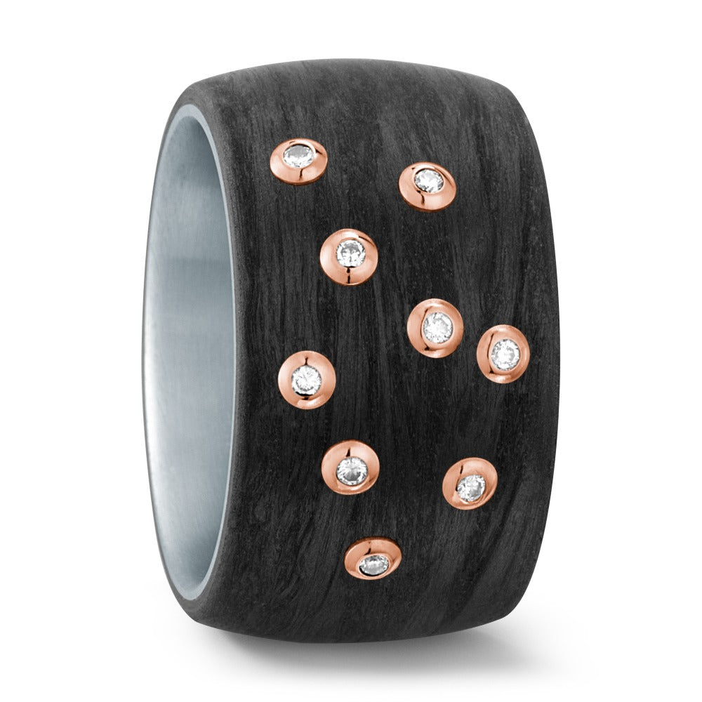 Finger ring rostfritt stål, Kol, 750/18 K rött guld diamant vit, 0.09 ct, 9 stenar, w-si