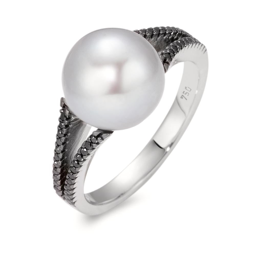 Finger ring 750/18 K vitguld diamant svart, 0.19 ct, 48 stenar, [Achtkant] Sötvattensodlad pärla, 10.5 mm