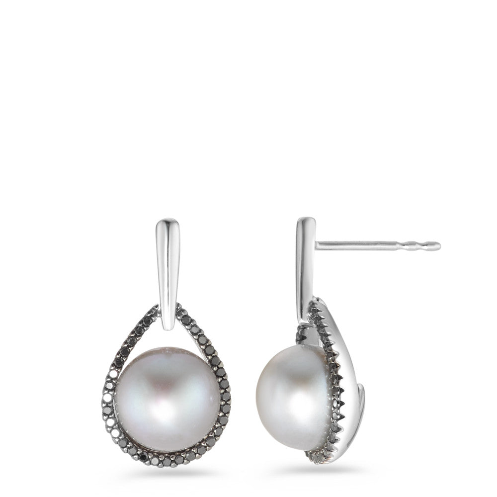 Örhängen 750/18 K vitguld diamant svart, 0.24 ct, 62 stenar, [Achtkant] Sötvattensodlad pärla vit, 2 Pärlor, 8.5 mm