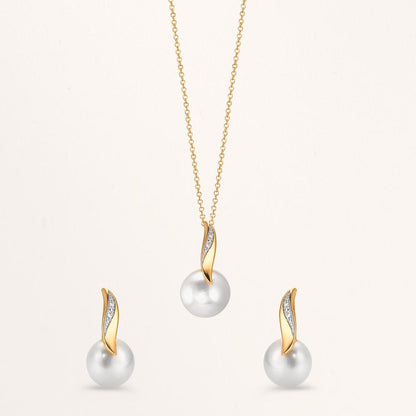 Örhängen med knoppar 750/18 K gult guld diamant vit, 0.10 ct, 2 stenar, [Brillant], w-si Sötvattensodlad pärla vit, 2 Pärlor, 7 mm