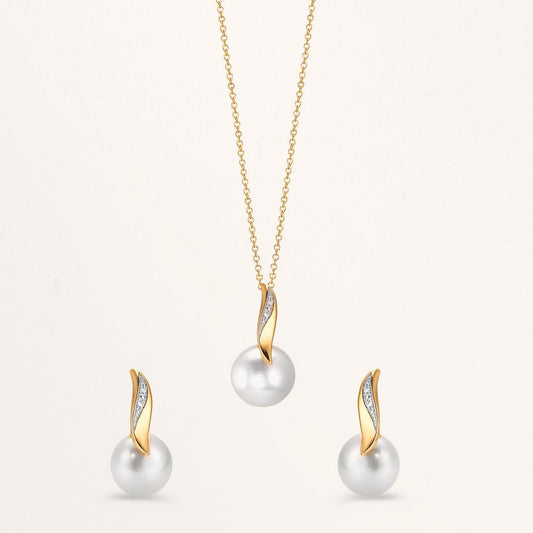 Halsband med hänge 750/18 K gult guld, 750/18 K vitguld diamant vit, 0.01 ct, 2 stenar, [Brillant], w-si Sötvattensodlad pärla vit, 10 mm 40-42 cm