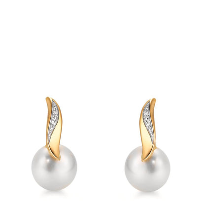 Örhängen med knoppar 750/18 K gult guld diamant vit, 0.10 ct, 2 stenar, [Brillant], w-si Sötvattensodlad pärla vit, 2 Pärlor, 7 mm