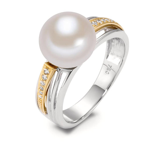 Finger ring 750/18 K gult guld, 750/18 K vitguld diamant vit, 0.06 ct, 12 stenar, [Brillant], w-si Sötvattensodlad pärla vit 9.5-10 mm