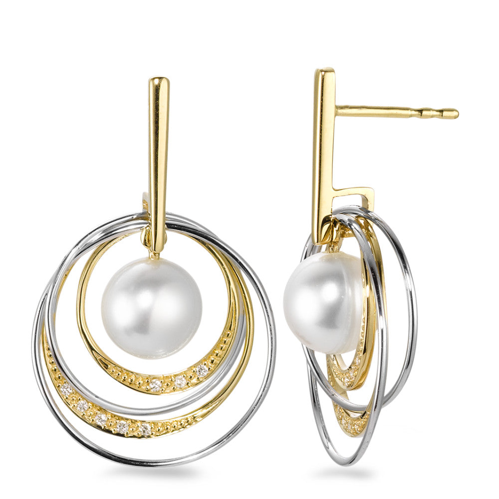 Örhängen 750/18 K gult guld, 750/18 K vitguld diamant vit, 0.05 ct, 16 stenar, [Brillant], w-si Sötvattensodlad pärla, 7.5 mm