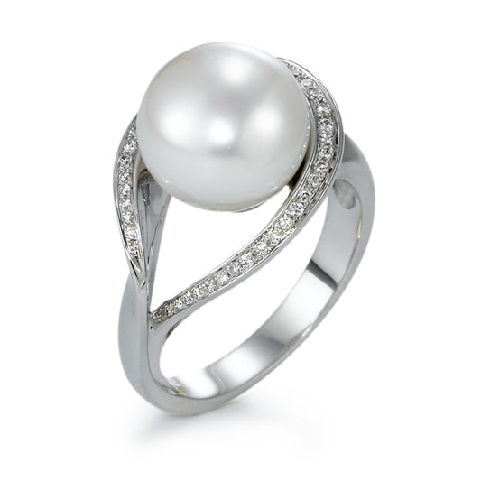Finger ring 750/18 K vitguld diamant 0.13 ct, 40 stenar, w-si Sötvattensodlad pärla vit, 11 mm