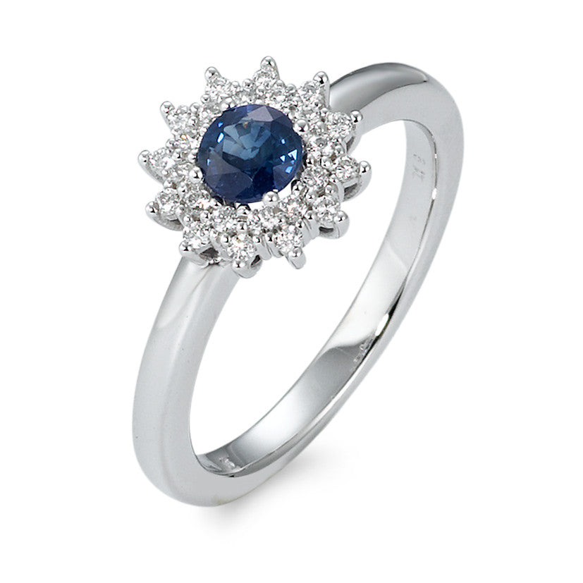 Finger ring 750/18 K vitguld safir blå, diamant vit, 0.19 ct, 25 stenar, [Brillant], w-si