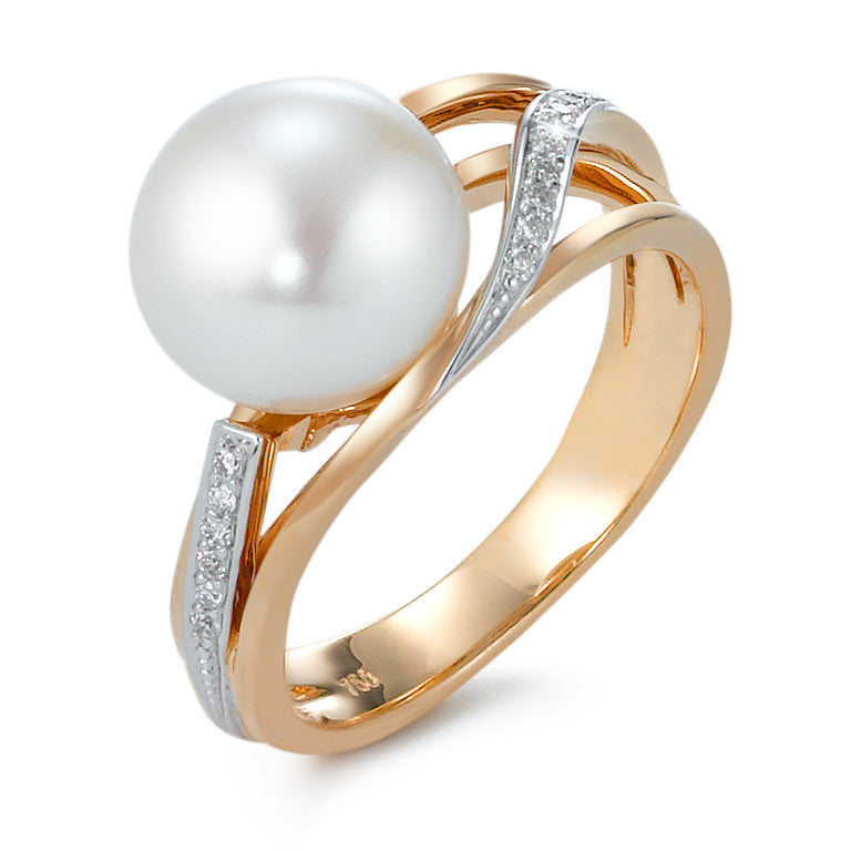 Finger ring 750/18 K rött guld diamant 0.08 ct, 16 stenar, [Brillant], w-si Sötvattensodlad pärla 9.5-10 mm