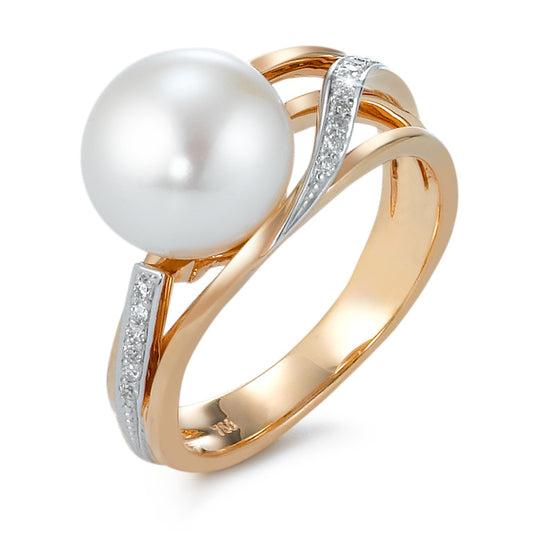 Finger ring 750/18 K rött guld diamant 0.08 ct, 16 stenar, [Brillant], w-si Sötvattensodlad pärla 9.5-10 mm