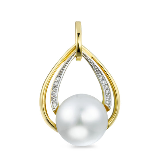 Hängsmycke 750/18 K gult guld diamant 0.05 ct, 12 stenar, [Brillant], w-si Sötvattensodlad pärla vit, 10.5 mm