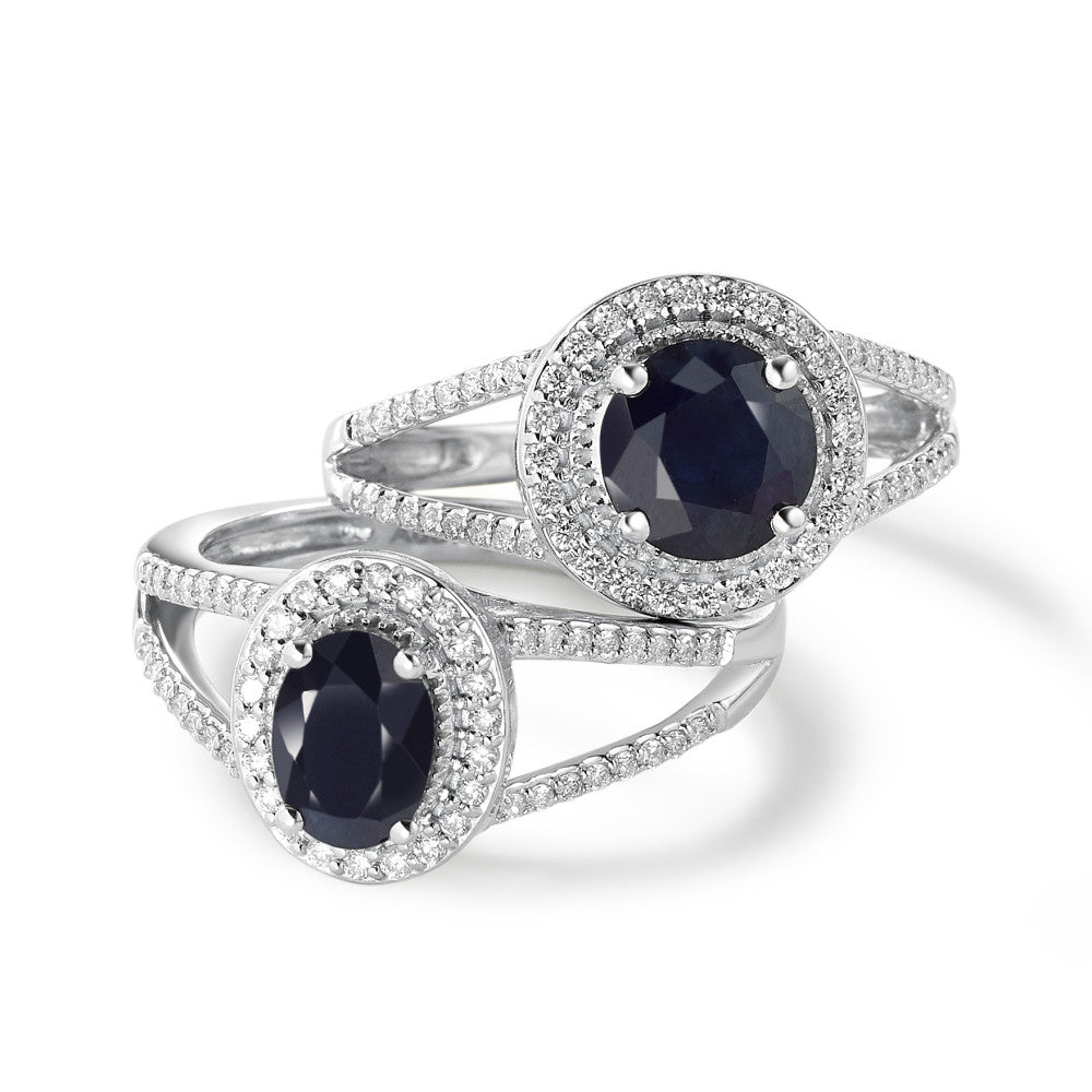 Finger ring 375/9 K vitguld safir blå, 1.76 ct, [rund], AAA, diamant vit, 0.23 ct, 12 stenar, w-pi3