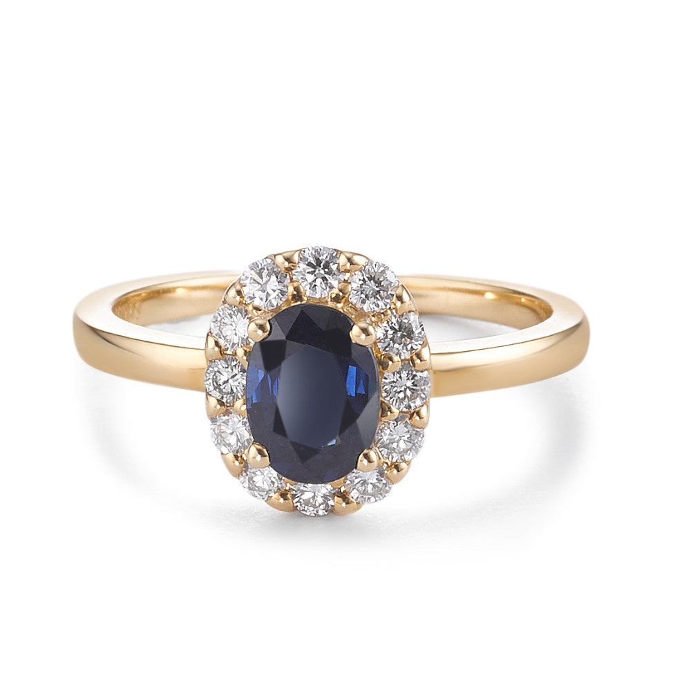 Finger ring 750/18 K gult guld safir 0.94 ct, diamant 0.40 ct, 12 stenar, [Brillant], w-si