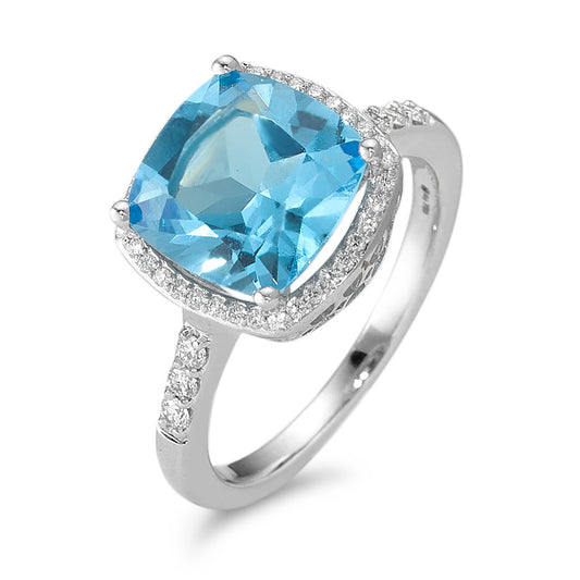 Finger ring 750/18 K vitguld topas ljusblå, diamant vit, 0.20 ct, 42 stenar, w-pi3 Ø11 mm