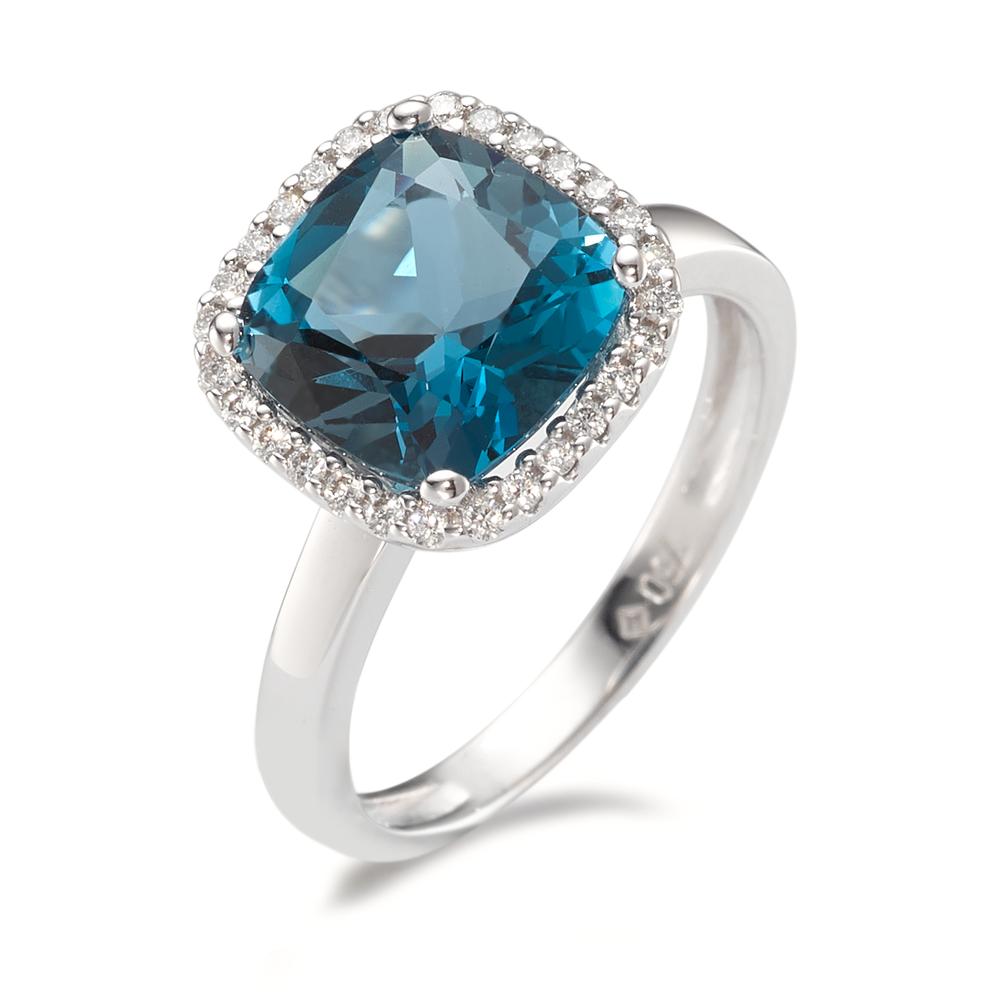 Finger ring 750/18 K vitguld London Blå Topas, diamant 0.14 ct, 28 stenar, [Brillant], w-si
