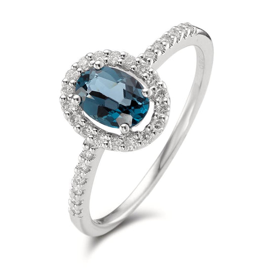 Finger ring 750/18 K vitguld London Blå Topas [oval], diamant vit, 0.19 ct, w-si