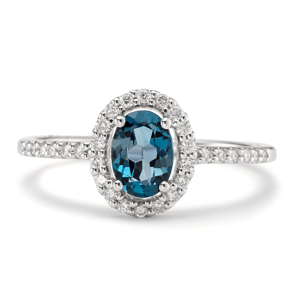 Finger ring 750/18 K vitguld London Blå Topas [oval], diamant vit, 0.19 ct, w-si