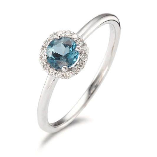 Finger ring 750/18 K vitguld London Blå Topas, diamant 0.11 ct, 16 stenar, [Brillant], w-si