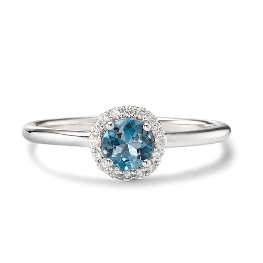 Finger ring 750/18 K vitguld London Blå Topas, diamant 0.11 ct, 16 stenar, [Brillant], w-si